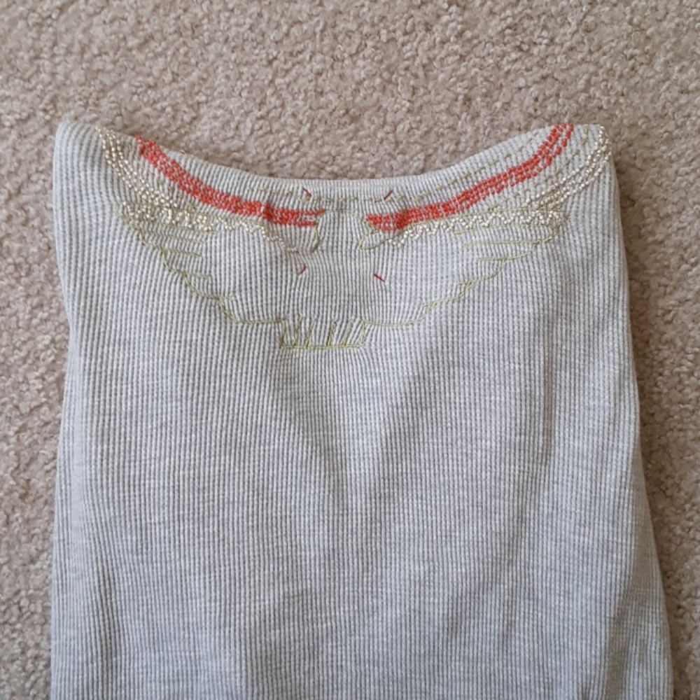 Free People Beaded Waffle Knit Gray Tribal Hoodie - Picture 5 of 6
